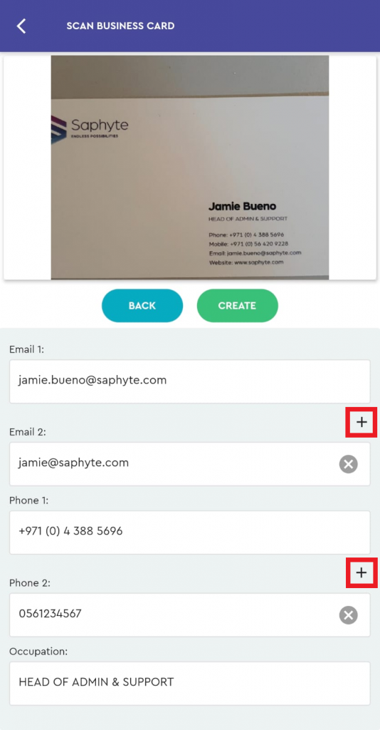 saphyte mobile app create contact add multiple email and phone numbers