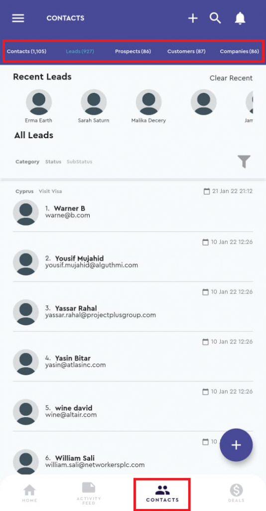 saphyte mobile app contacts section