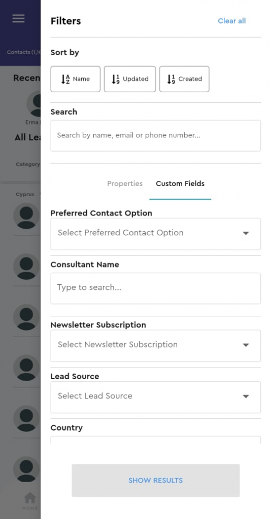 saphyte mobile app filter contacts by custom fields
