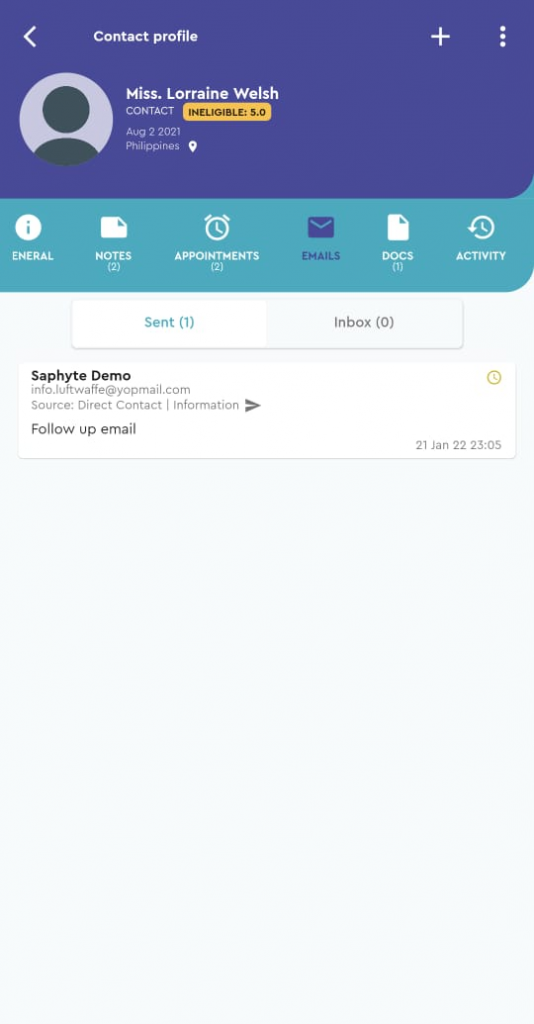 saphyte mobile app contacts email tab