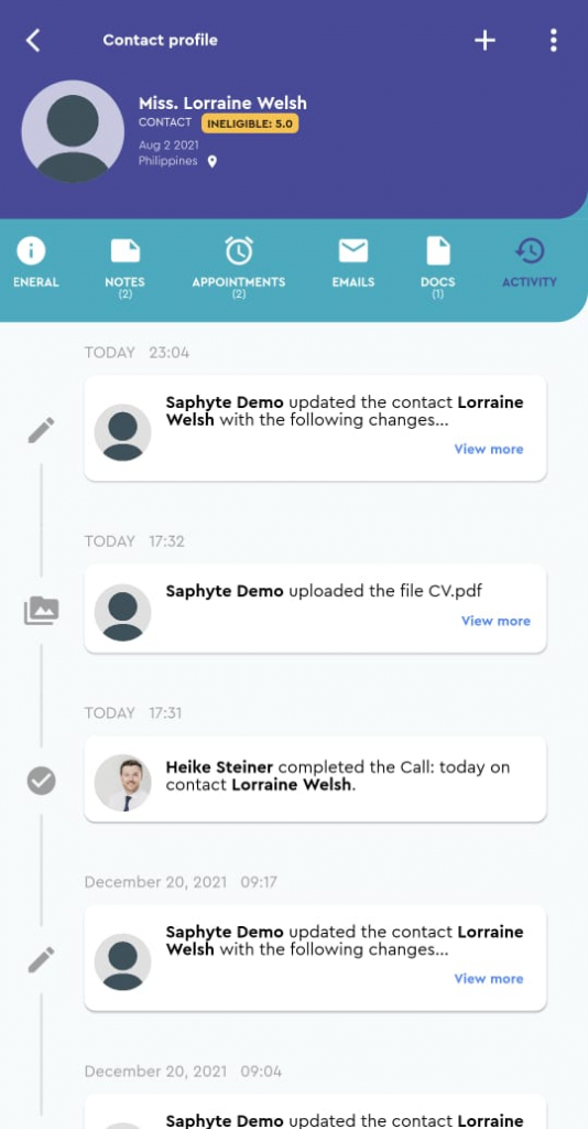 saphyte mobile app contacts activity tab
