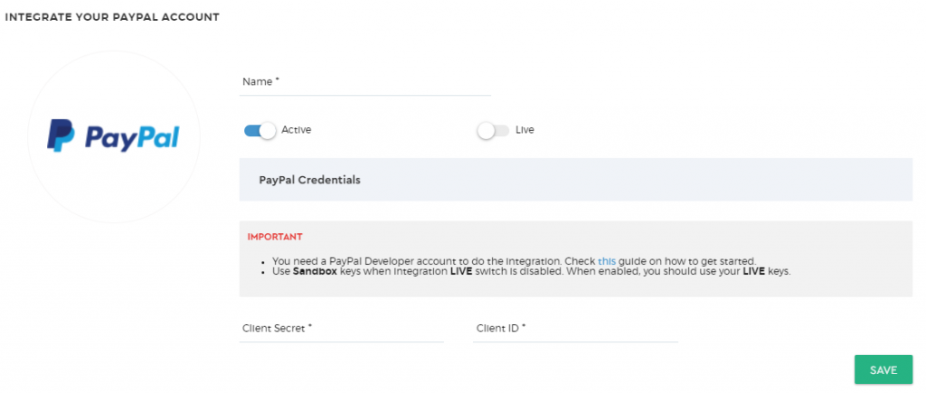 saphyte crm integrate paypal account
