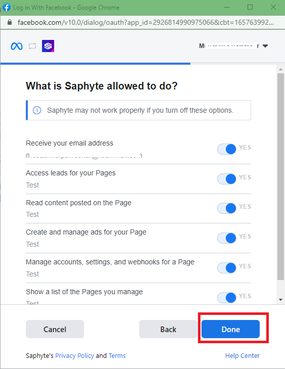 Provide your Facebook page access to Saphyte CRM 